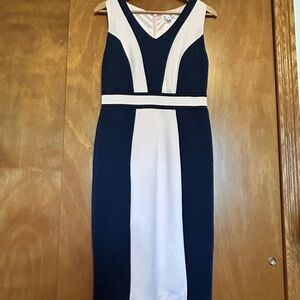 Navy and Light Pink V-Neck Colorblock Midi Dress